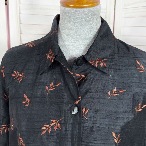 Chicos Embroidered Dupioni Slub Silk Shacket Jacket Black Brown Medium - Picture 5 of 11